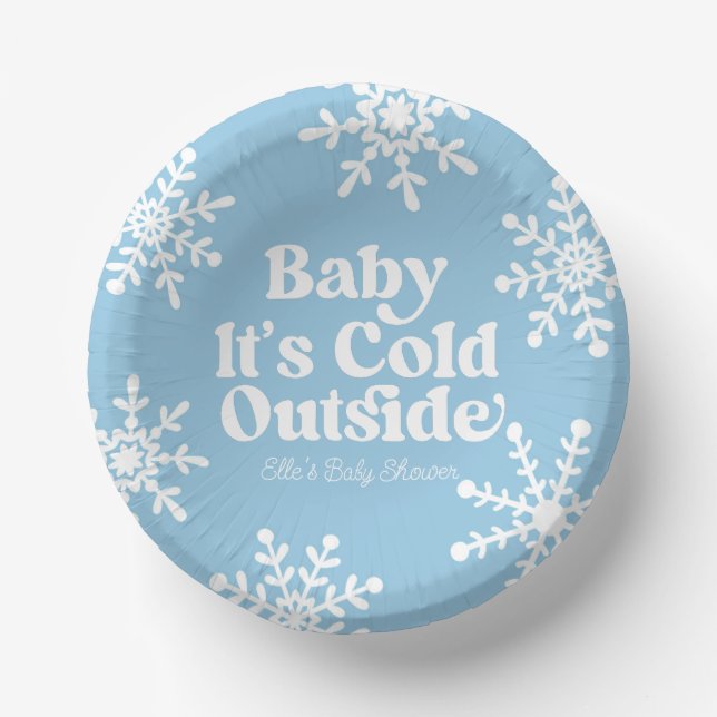 Baby It's Cold Outside Blue Snowflake Baby Shower Paper Plate (Front)