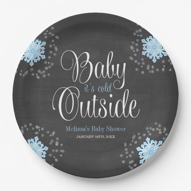 Baby It's Cold Outside Blue Snowflakes Baby Shower Paper Plate (Front)