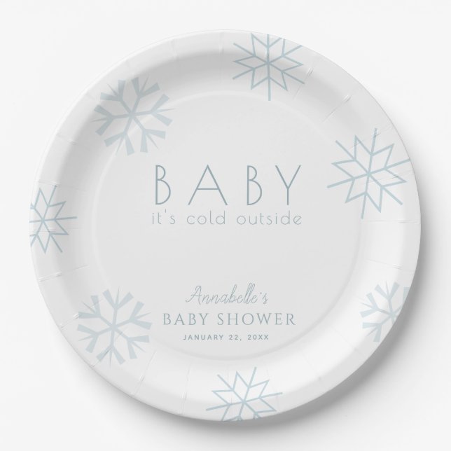 Baby It's Cold Outside Blue Snowflakes Baby Shower Paper Plate (Front)