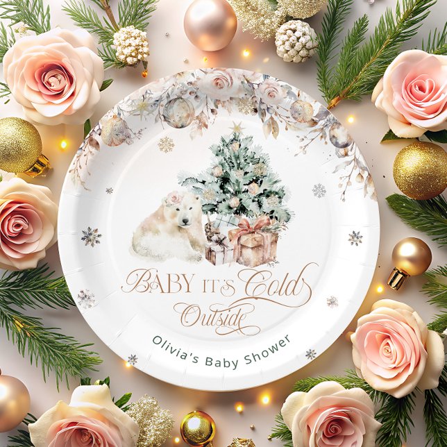 Baby its Cold Outside Blush Pink Baby Polar Bear Paper Plate (Creator Uploaded)