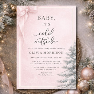 Baby It's Cold Outside Blush Pink Bow Baby Shower Invitation