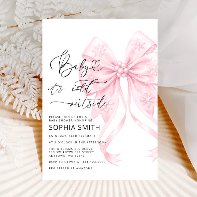 Baby it's Cold Outside Blush Pink Bow Baby Shower Invitation (Creator Uploaded)