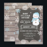 Baby It's Cold Outside Boy Baby Shower, Snowman Invitation<br><div class="desc">Check out these adorable blue snowman invitations. This cute winter themed invitation features a snowman illustration with buttons, carrot nose, blue santa hat, scarf and gloves. The invitation is designed with a wood and chalkboard background and snowflakes creating a cosy rustic feel. Personalise your invitation with the guest of honours...</div>