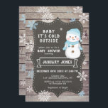 Baby It's Cold Outside Boy Baby Shower, Snowman Invitation<br><div class="desc">Check out these adorable blue snowman invitations. This cute winter themed invitation features a snowman illustration with buttons, carrot nose, blue santa hat, scarf and gloves. The invitation is designed with a wood and chalkboard background and snowflakes creating a cosy rustic feel. Personalise your invitation with the guest of honours...</div>