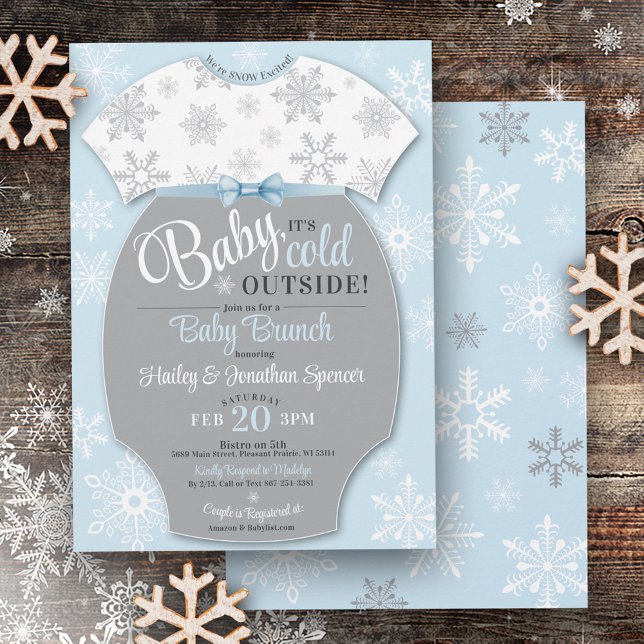Baby It's Cold Outside Boy Blue Snowflake Winter Invitation (Baby It's Cold Outside Bodysuit light pastel blue and gray Snowflake Baby Brunch Shower Invitation)