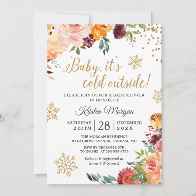 Baby Its Cold Outside Burgundy Floral Baby Shower Invitation (Front)