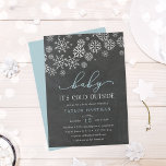 Baby It's Cold Outside Chalkboard Shower Invite<br><div class="desc">Brrr! Frosty chic invitations for winter baby showers feature a top border of white snowflakes against a chalkboard background,  with "baby it's cold outside" in blue and white lettering. Personalise with your baby boy shower details beneath using the template fields. Cards reverse to solid ice blue.</div>