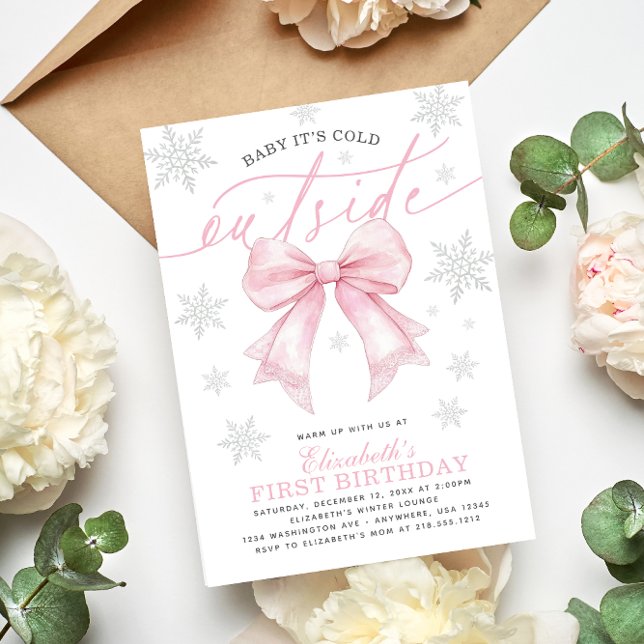 Baby Its Cold Outside Coquette Pink Bow Birthday Invitation (Baby Its Cold Outside Coquette Pink Bow Birthday Invitation)