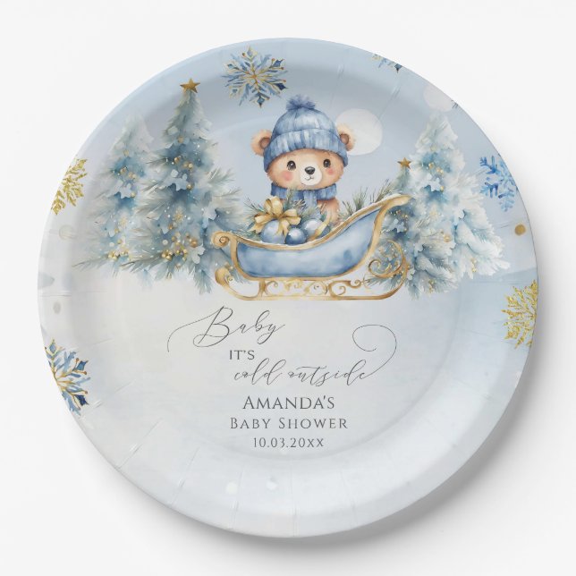 Baby It's Cold Outside Cute Bear Baby Shower  Paper Plate (Front)
