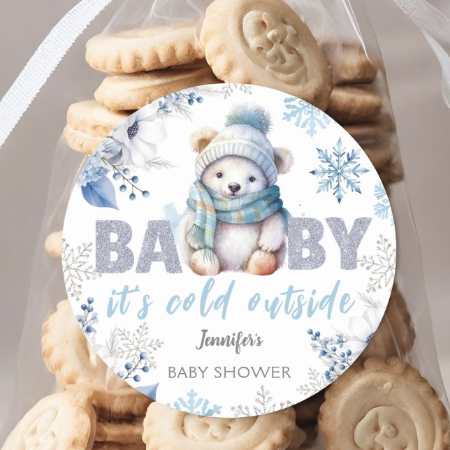 Baby it's Cold Outside Cute Boy Winter Baby Shower Classic Round Sticker (Creator Uploaded)