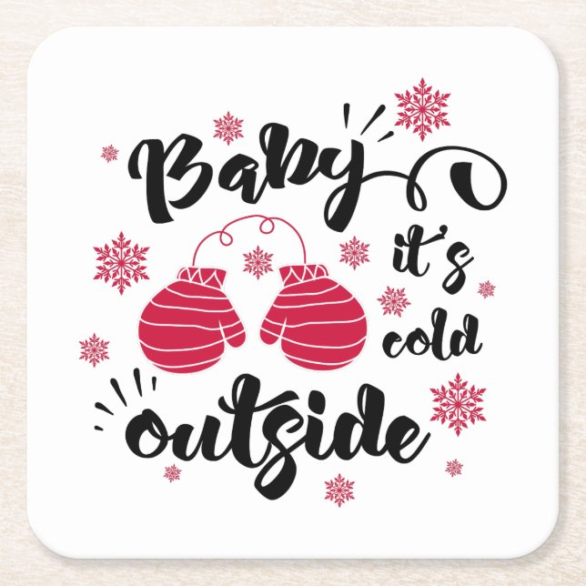 Baby its cold outside cute mittens winter square paper coaster (Front)