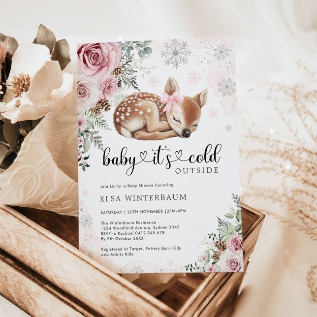 Baby It's Cold Outside Deer Pink Floral Baby Girl Invitation (Creator Uploaded)