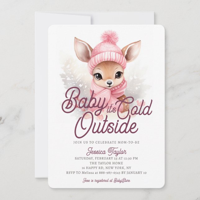 Baby Its Cold Outside Deer Pink Winter Baby Shower Invitation (Front)