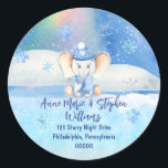 Baby It's Cold Outside Elephant Baby Shower  Classic Round Sticker<br><div class="desc">Cuter than cute sweet elephant in scarf and hat in the snow "Baby,  It's Cold Outside" Baby Shower return address design.</div>