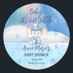 Baby It's Cold Outside Elephant Winter Baby Shower Classic Round Sticker<br><div class="desc">Cuter than cute sweet elephant in scarf and hat in the snow "Baby,  It's Cold Outside" Baby Shower design.  Just add Mum's name and the shower date to complete the design.</div>