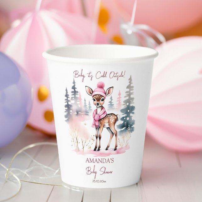 Baby it's cold outside girl baby deer baby shower paper cups (Baby its cold outside winter deer baby shower tableware template paper cups cute girl deer pink hat)