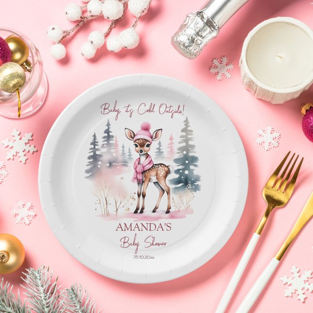 Baby it's cold outside girl baby deer baby shower paper plate (Baby it's cold outside cute baby deer baby shower tableware personalized party plates template)