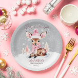 Baby it's cold outside girl deer baby shower paper plate<br><div class="desc">Baby it's cold outside girl baby deer baby shower tableware personalised plates for winter themed baby shower. Cute baby deer wearing pink winter hat and scarf pink trees snowy background girls baby shower plates</div>