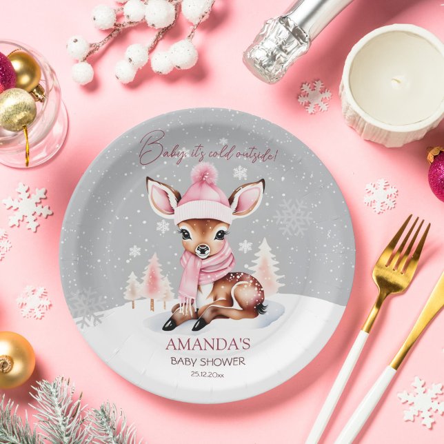 Baby it's cold outside girl deer baby shower paper plate (Baby it's cold outside girl deer baby shower tableware personalized party plates cute deer in hat)