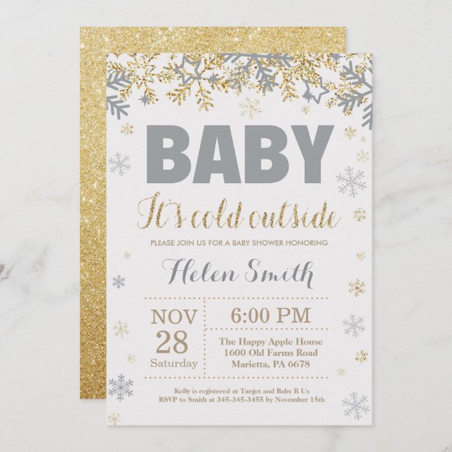 Baby its Cold Outside Gold and Grey Baby Shower Invitation (Front/Back)