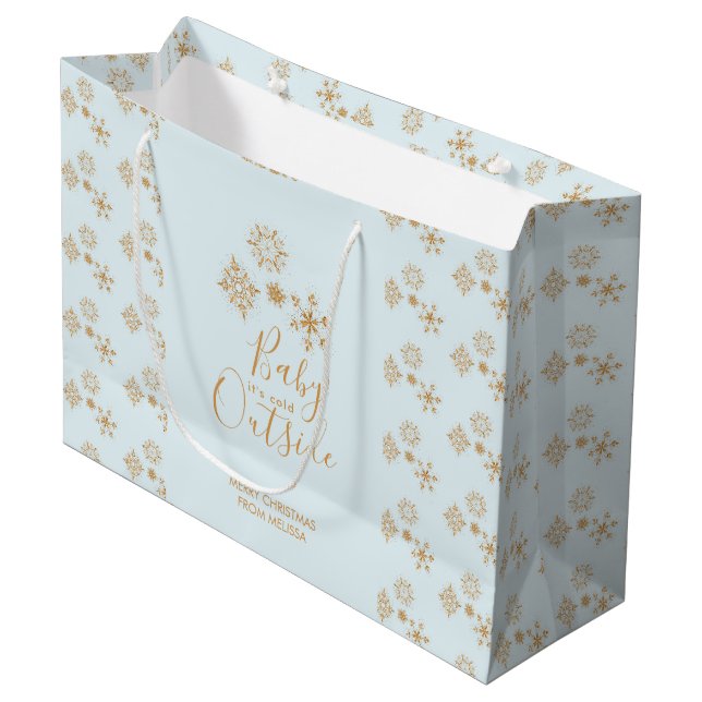 Baby it's Cold Outside Gold Snowflakes on Blue Large Gift Bag (Front Angled)