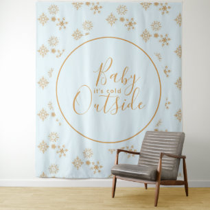 Baby it's Cold Outside Gold Snowflakes on Blue Tapestry