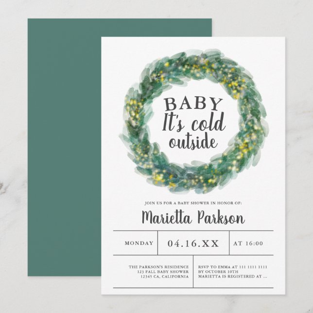 Baby it's cold outside green christmas baby shower invitation (Front/Back)