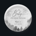 Baby It's Cold Outside Grey Snowflakes Shower  Paper Plate<br><div class="desc">Rustic baby shower paper plate featuring watercolor illustration of snowy mountain with pine tree forest and grey snowflakes. The text says "baby it's cold outside."</div>