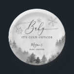Baby It's Cold Outside Grey Snowflakes Shower  Paper Plate<br><div class="desc">Rustic baby shower paper plate featuring watercolor illustration of snowy mountain with pine tree forest and grey snowflakes. The text says "baby it's cold outside."</div>