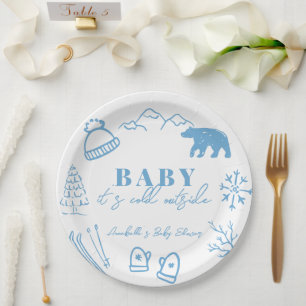 Baby It's Cold Outside Hand-drawn Blue Baby Shower Paper Plate