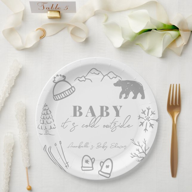 Baby It's Cold Outside Hand-drawn Gray Baby Shower Paper Plate (Wedding)