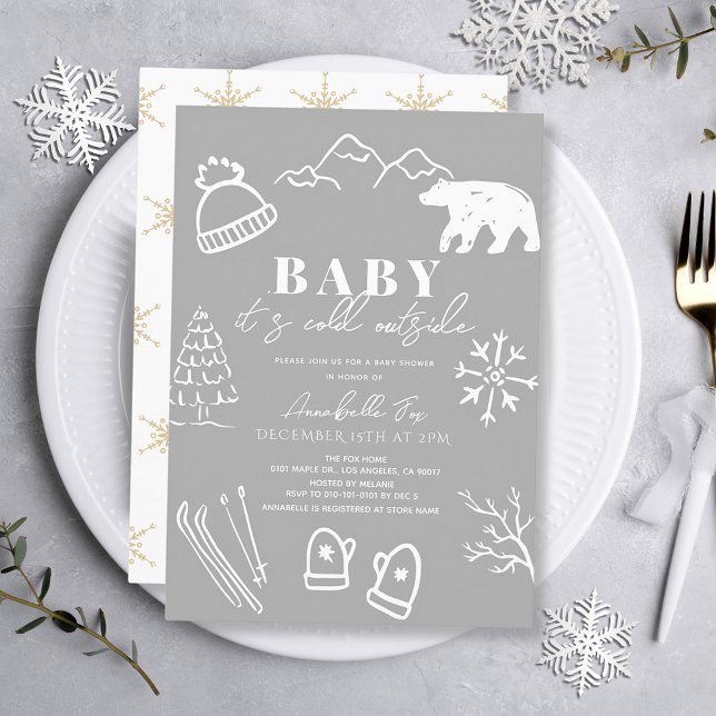 Baby It's Cold Outside Hand-drawn Grey Baby Shower Invitation (Creator Uploaded)