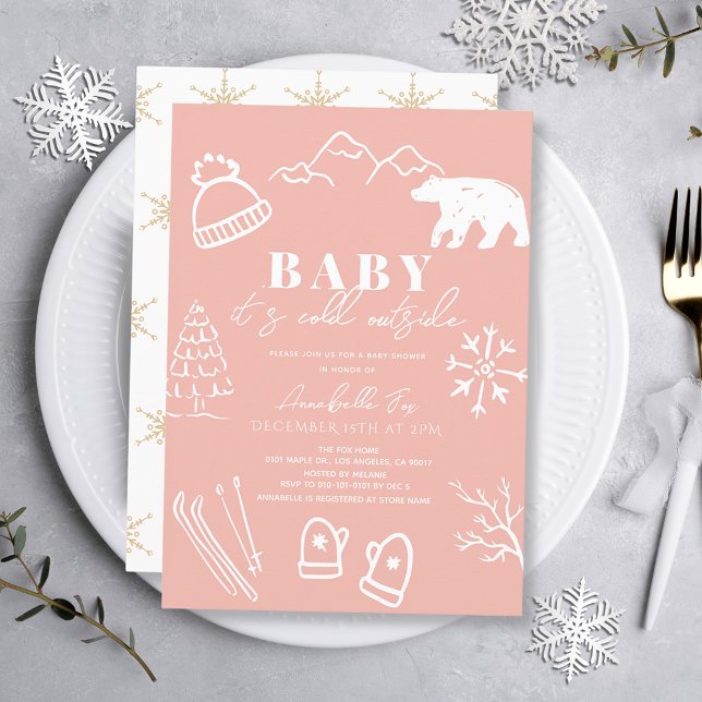 Baby It's Cold Outside Hand-drawn Pink Baby Shower Invitation (Creator Uploaded)