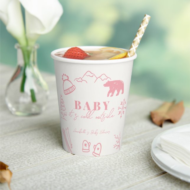 Baby It's Cold Outside Hand-drawn Pink Baby Shower Paper Cups (Insitu)
