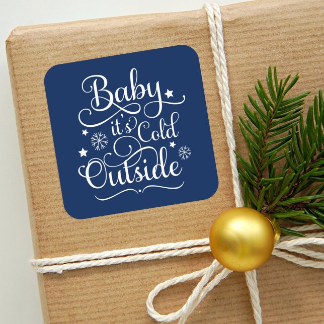 Baby It's Cold Outside Navy Blue Script Holiday Square Sticker (Creator Uploaded)