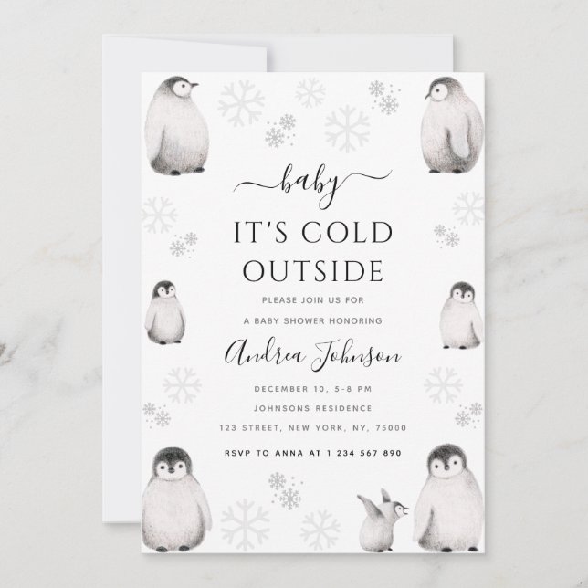 Baby It's Cold Outside Pencil Penguin Baby Shower  Invitation (Front)