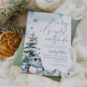 Baby it's cold outside, Penguin Blue baby shower  Invitation