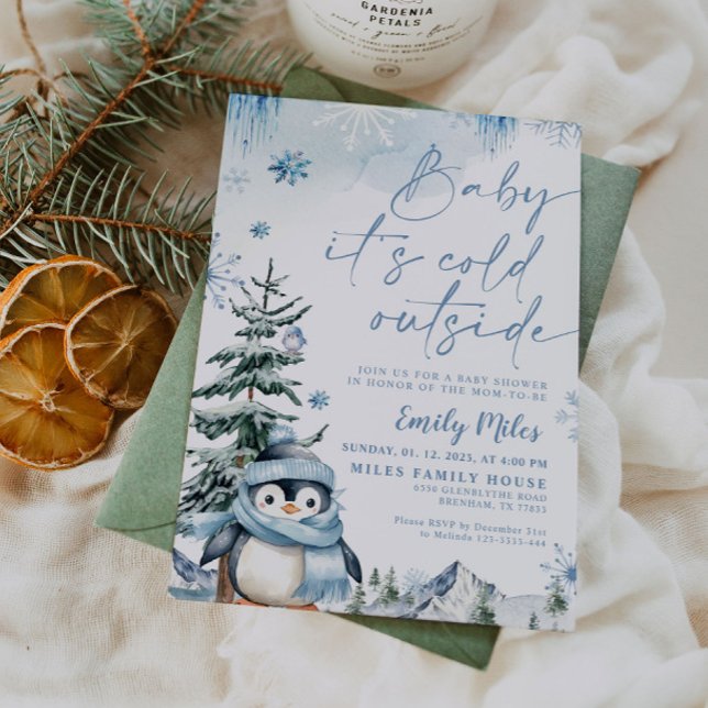 Baby it's cold outside, Penguin Blue baby shower  Invitation (Creator Uploaded)