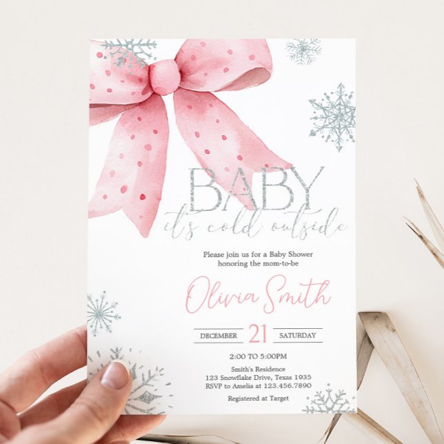 Baby Its Cold Outside Pink Bow Baby Shower Invitation (Winter Pink Bow Baby Shower Invitation
)