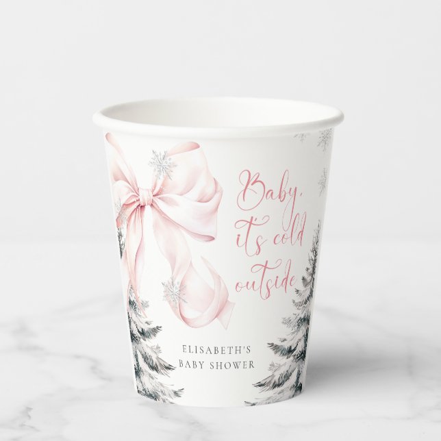 Baby It's Cold Outside Pink Bow Baby Shower Paper Cups (Front)