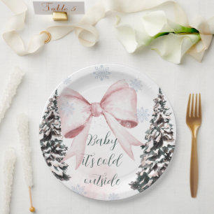 Baby It's Cold Outside Pink Bow Baby Shower Paper Plate