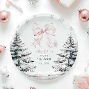 Baby It's Cold Outside Pink Bow Baby Shower Paper Plate