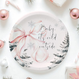 Baby It's Cold Outside Pink Bow Baby Shower Paper Plate