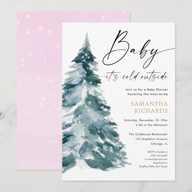 Baby its cold outside pink gold girl modern shower invitation (Front/Back)
