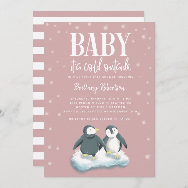 Baby Its Cold Outside Pink Penguins Baby Shower Invitation (Front/Back)