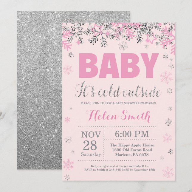 Baby its Cold Outside Pink Silver Girl Baby Shower Invitation (Front/Back)