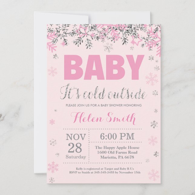 Baby its Cold Outside Pink Silver Girl Baby Shower Invitation (Front)