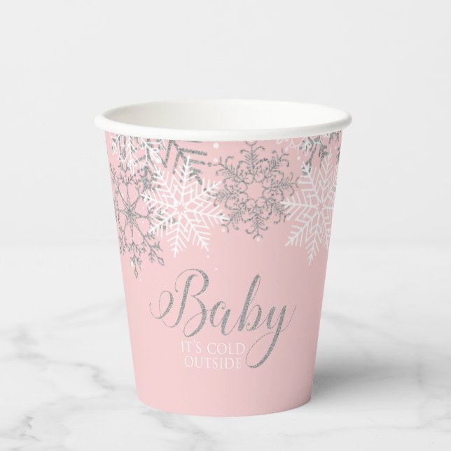 Baby its Cold Outside Pink Snowflakes Baby Shower Paper Cups (Front)