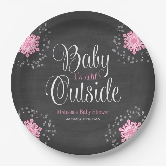 Baby It's Cold Outside Pink Snowflakes Baby Shower Paper Plate (Front)