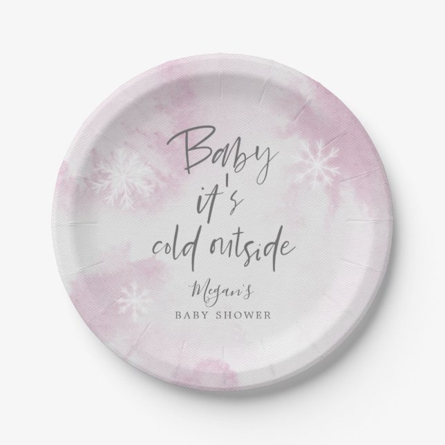 Baby It's Cold Outside Pink Watercolor Shower Paper Plate (Front)